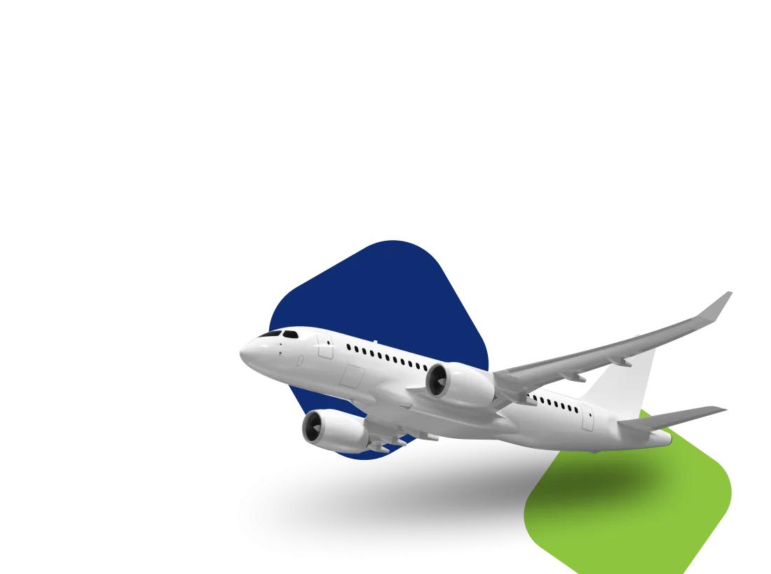 Пассажирский самолёт на светлом фоне с графическими элементами